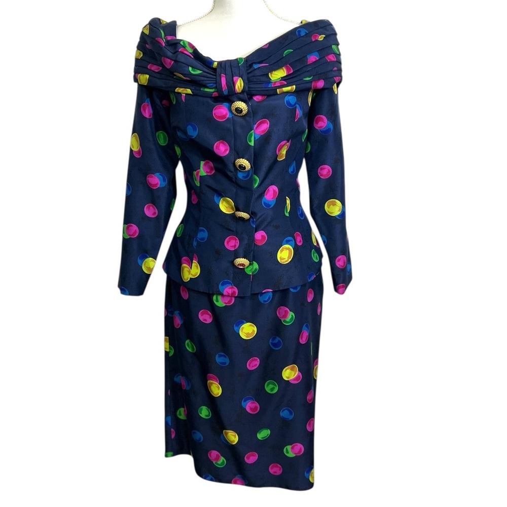 Raul Blanco Navy Polka Dot Two-Piece Skirt Set with Neon Accents